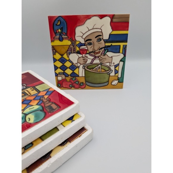The Unbranded Brand Other - Vintage Italian Tile Chef 8 x 8 Ceramic Wall Tiles / Trivets w/Stand Set of 4